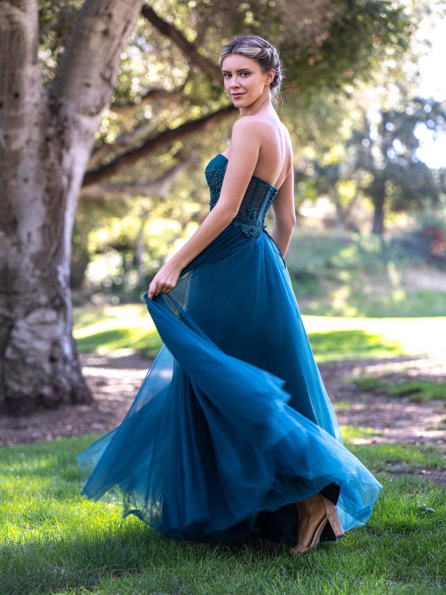 Corset Lace Floor Length Tulle Prom Dresses