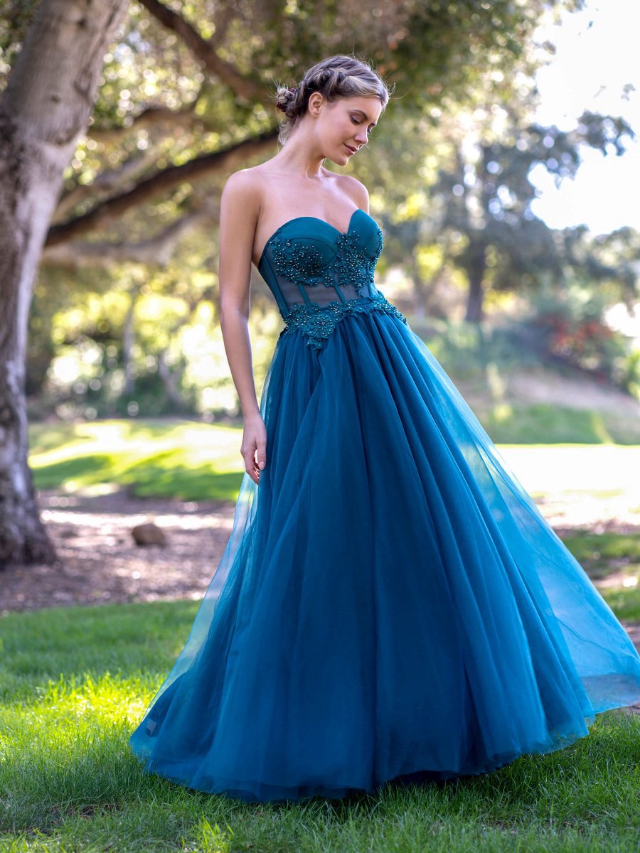 Corset Lace Floor Length Tulle Prom Dresses