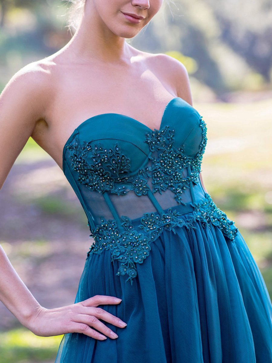 Corset Lace Floor Length Tulle Prom Dresses