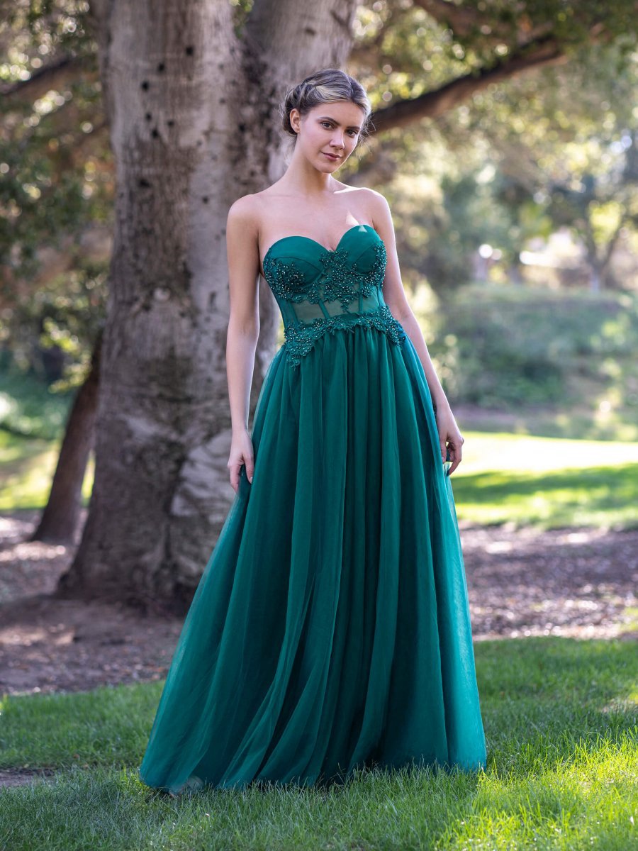 Corset Lace Floor Length Tulle Prom Dresses