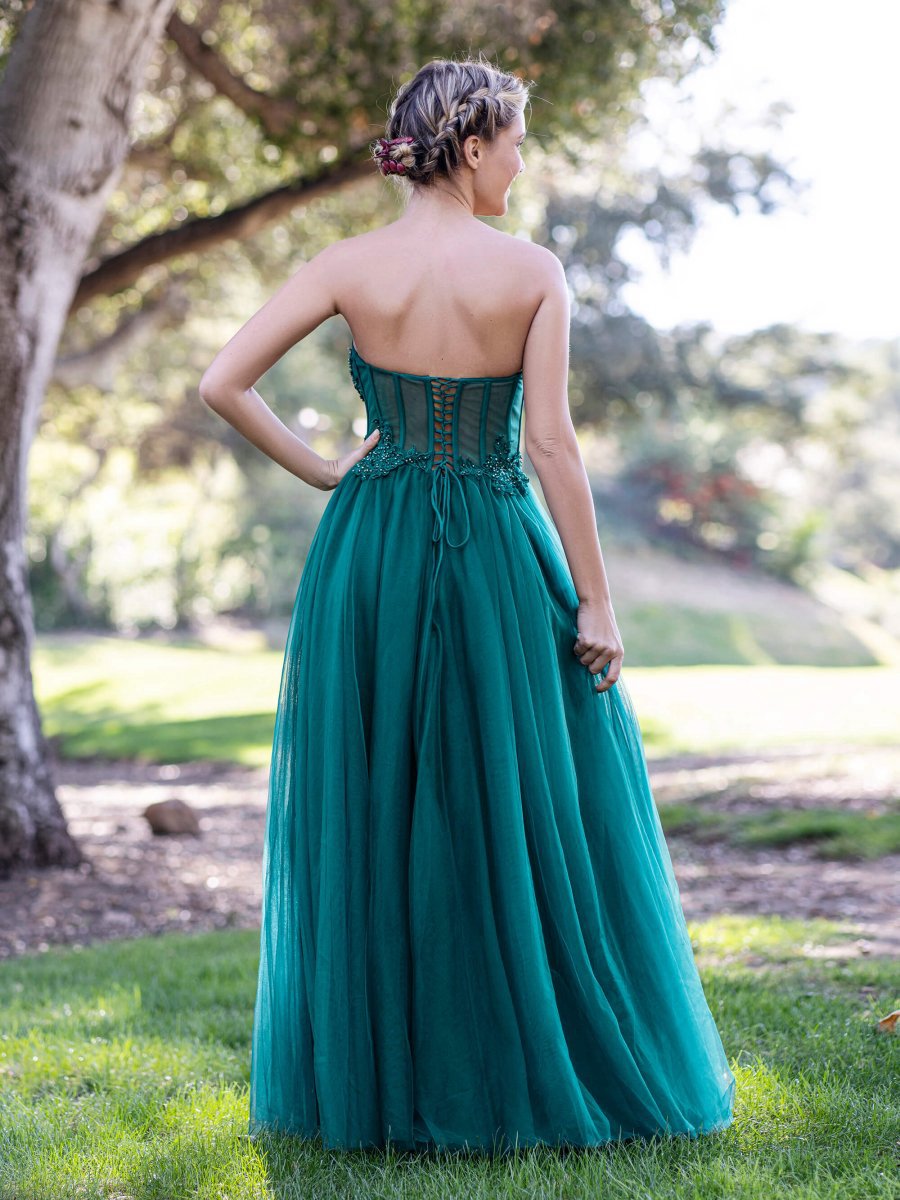 Corset Lace Floor Length Tulle Prom Dresses