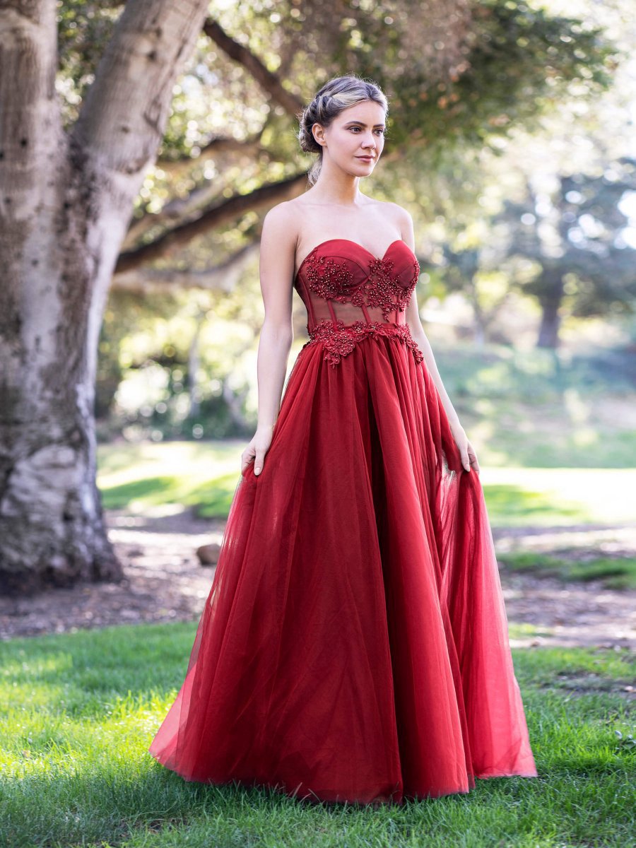 Corset Lace Floor Length Tulle Prom Dresses