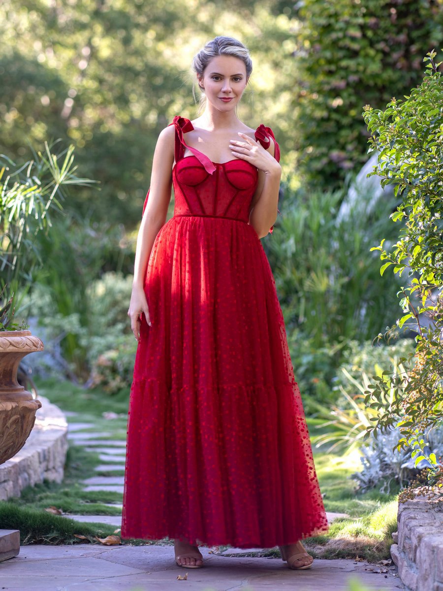 Corset Dotted Tulle Maxi Length Prom Dresses
