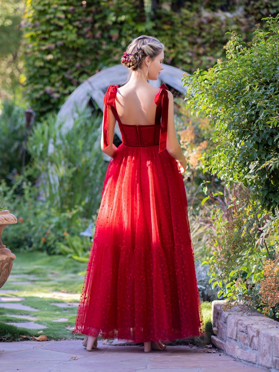 Corset Dotted Tulle Maxi Length Prom Dresses