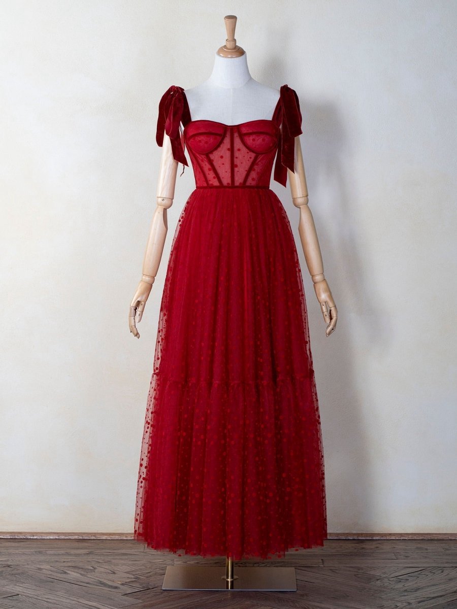 Corset Dotted Tulle Maxi Length Prom Dresses