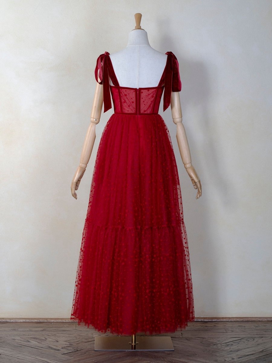 Corset Dotted Tulle Maxi Length Prom Dresses