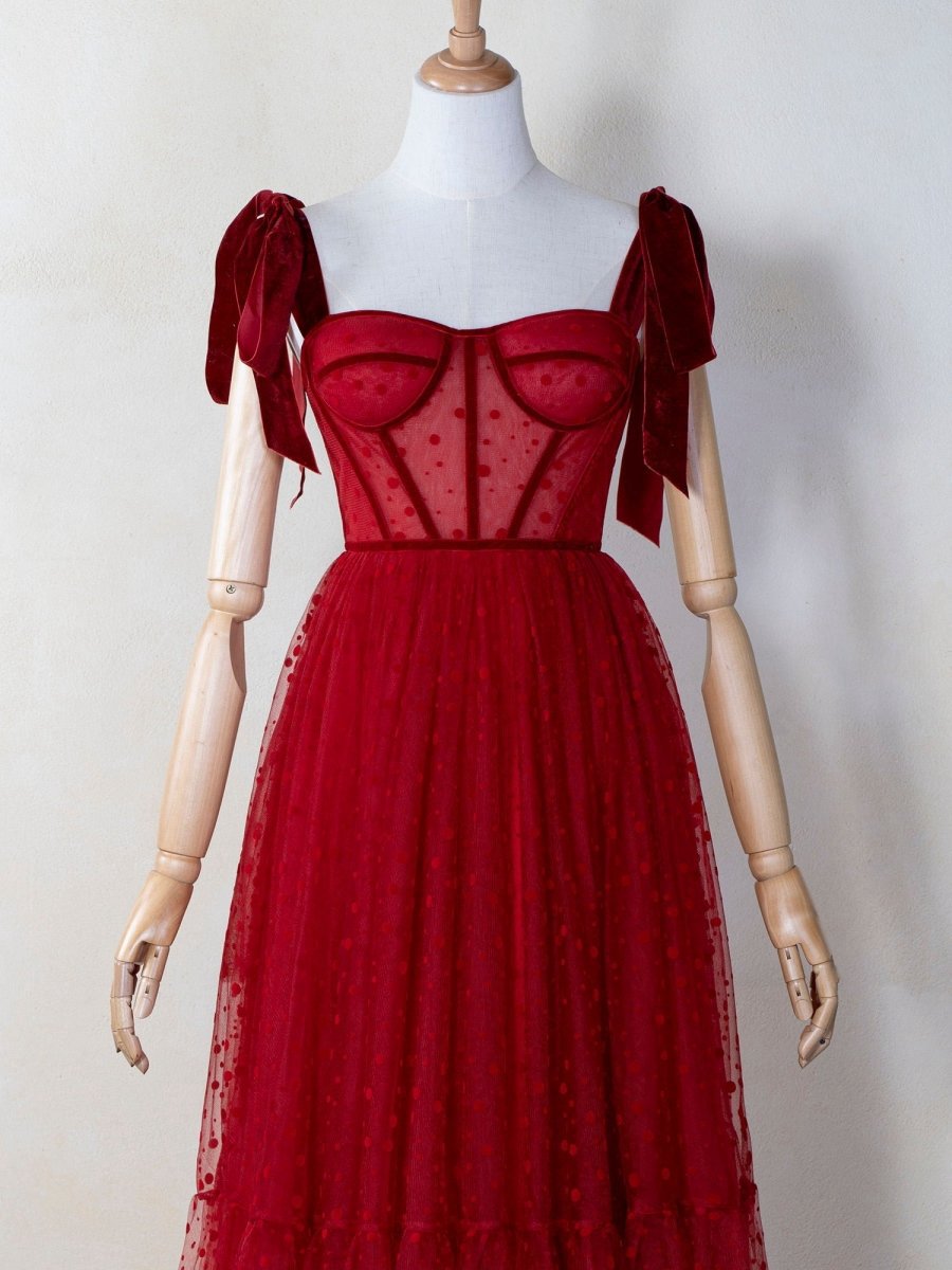 Corset Dotted Tulle Maxi Length Prom Dresses