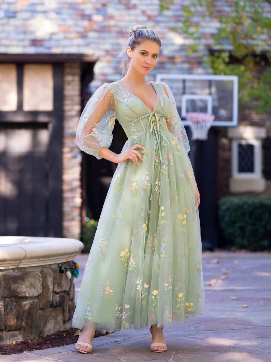 V-neck Embroidery Maxi Length Tulle Corset Floral Prom Dresses