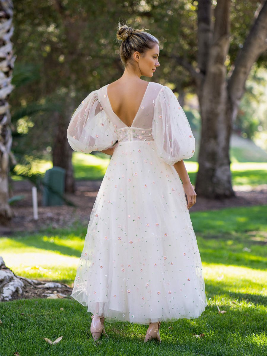 Deep V Starlit Cloud Ruffle Cuffs Maxi Length Dresses