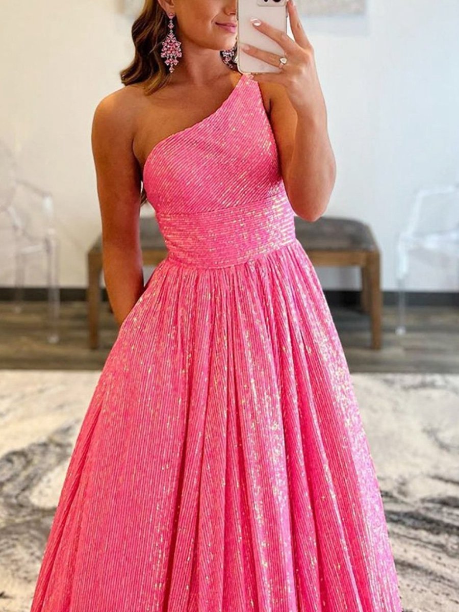 A-line One Shoulder Sequins Prom Dresses with Pockets