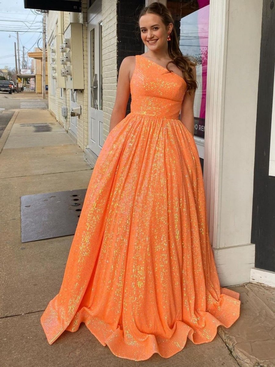 A-line One Shoulder Sequins Prom Dresses with Pockets