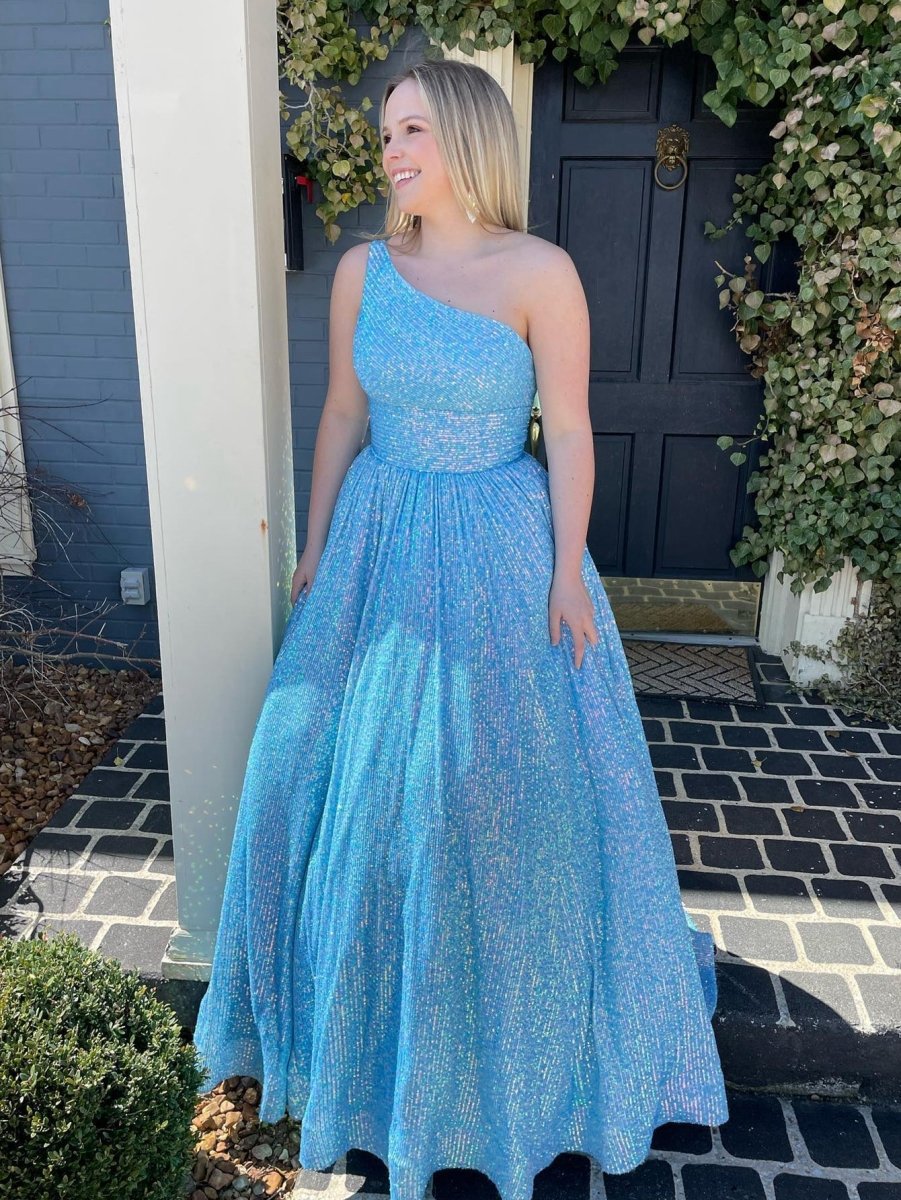 A-line One Shoulder Sequins Prom Dresses with Pockets
