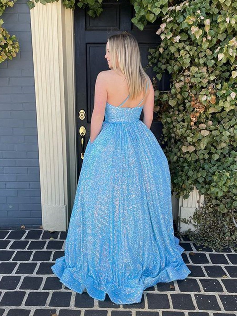 A-line One Shoulder Sequins Prom Dresses with Pockets