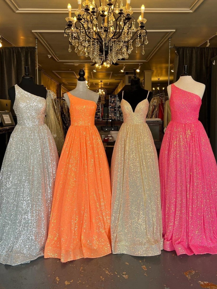 A-line One Shoulder Sequins Prom Dresses with Pockets