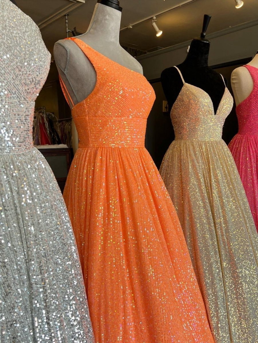 A-line One Shoulder Sequins Prom Dresses with Pockets