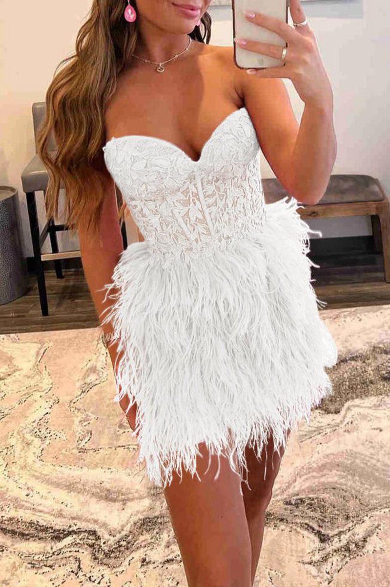 Sheath Sweetheart Lace Feather Skirt Homecoming Dresses