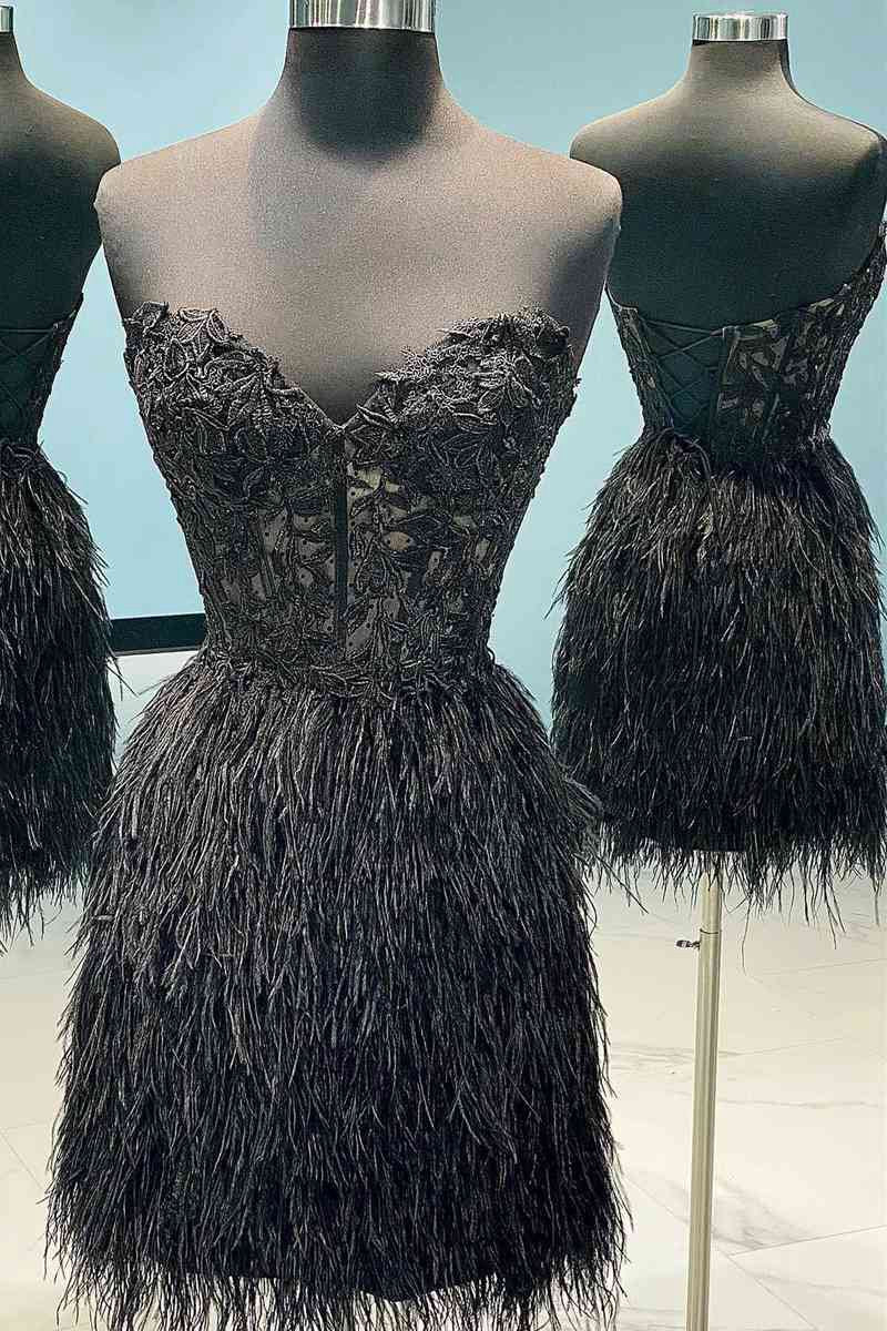 Sheath Sweetheart Lace Feather Skirt Homecoming Dresses