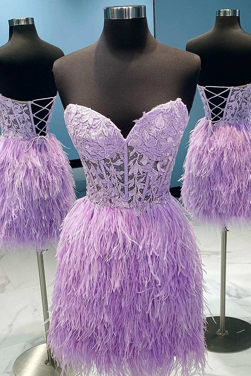Sheath Sweetheart Lace Feather Skirt Homecoming Dresses