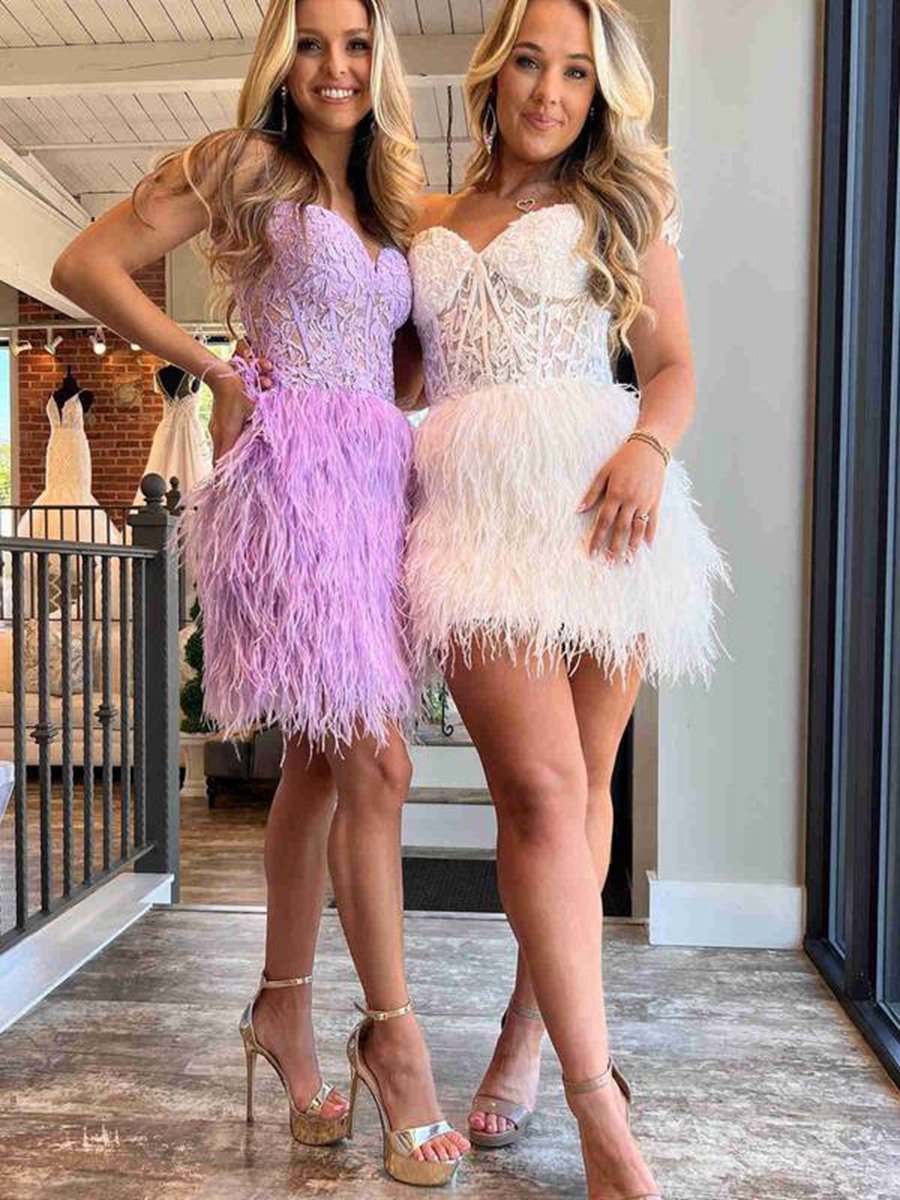 Sheath Sweetheart Lace Feather Skirt Homecoming Dresses