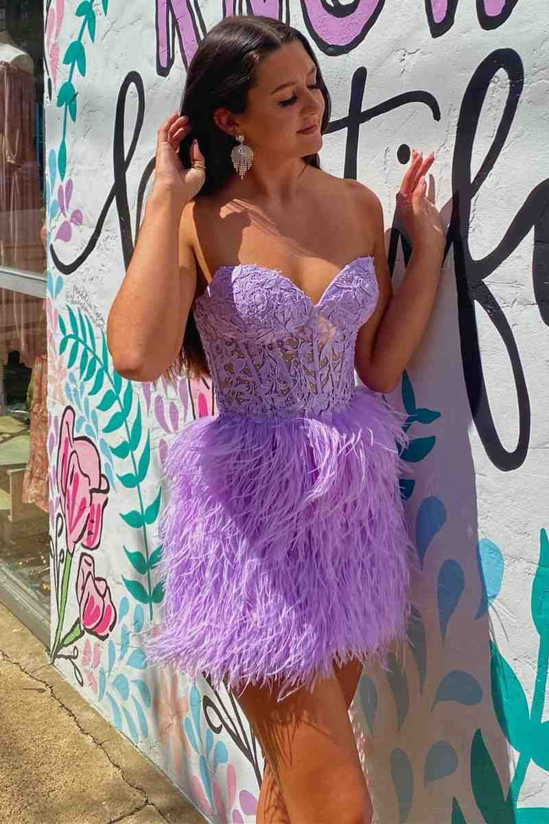 Sheath Sweetheart Lace Feather Skirt Homecoming Dresses