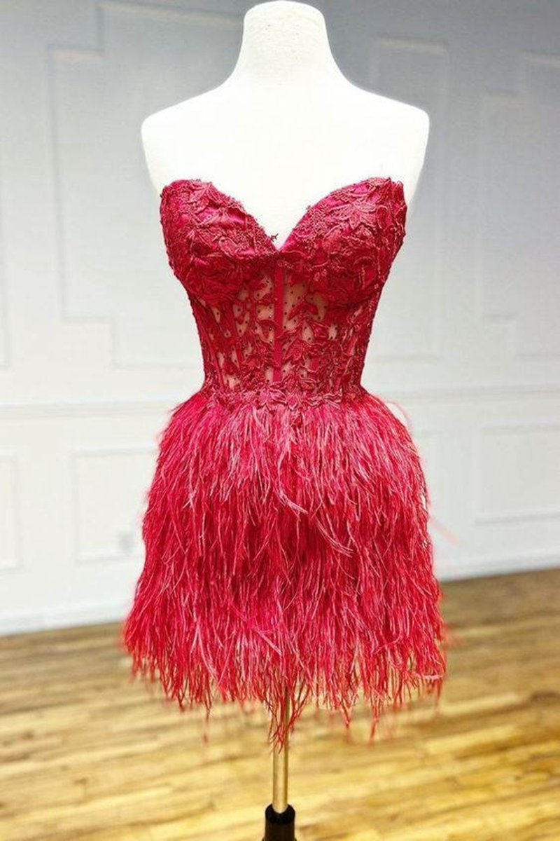 Sheath Sweetheart Lace Feather Skirt Homecoming Dresses