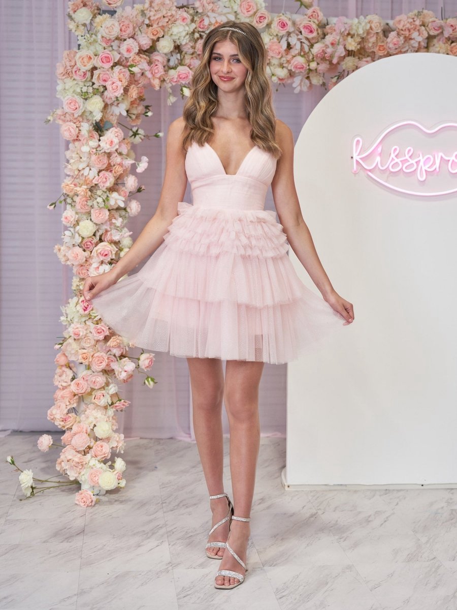 A-line Deep V Neck Tie Short Homecoming Dresses