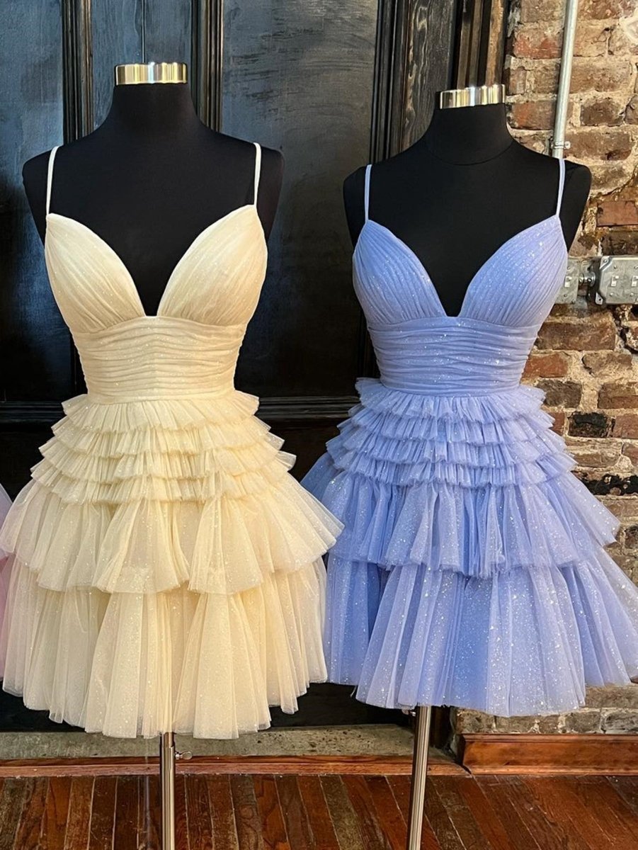 A-line Deep V Neck Tie Short Homecoming Dresses
