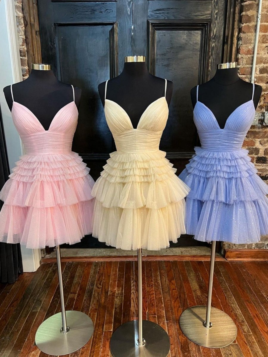 A-line Deep V Neck Tie Short Homecoming Dresses