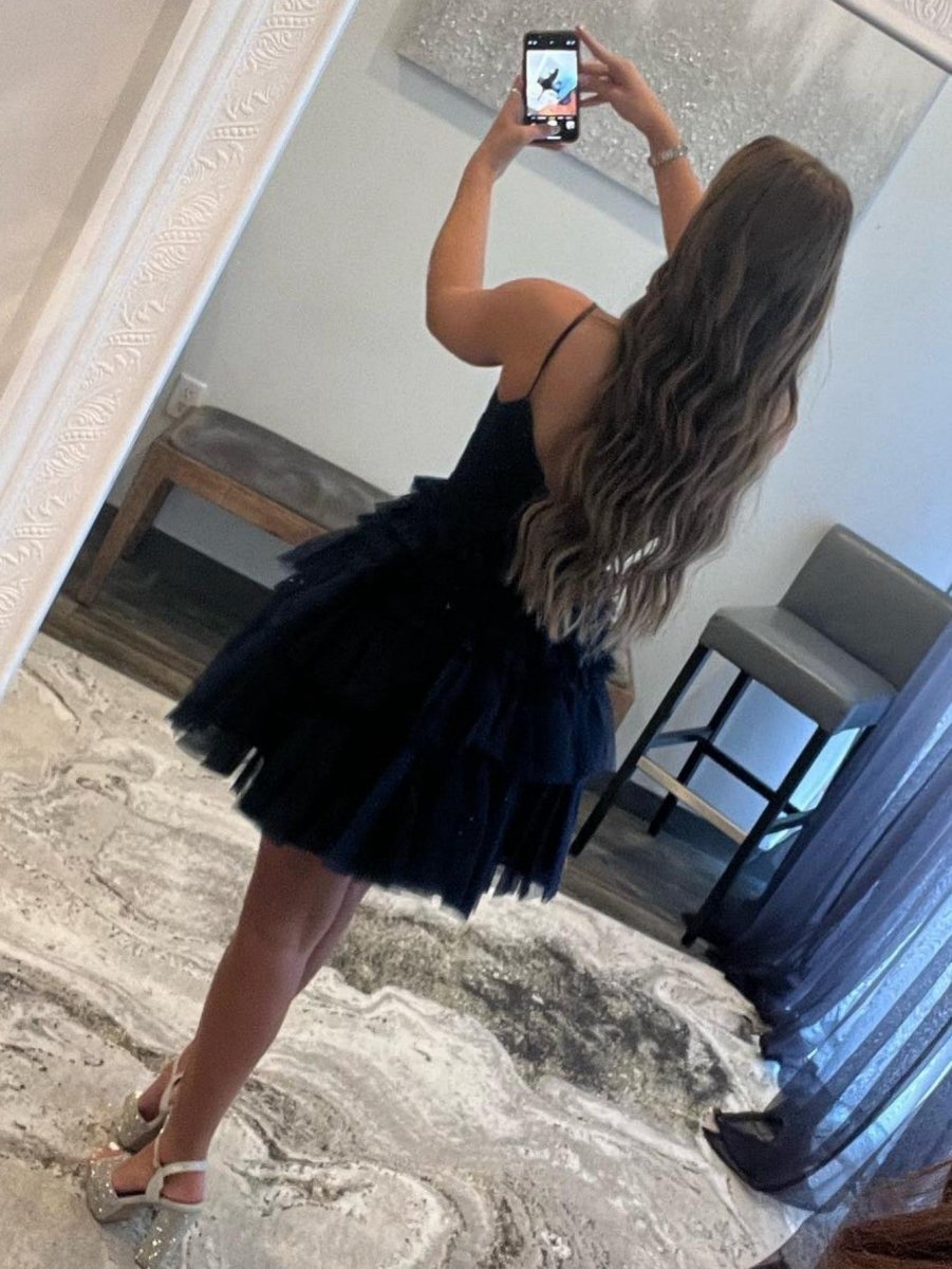 A-line Deep V Neck Tie Short Homecoming Dresses