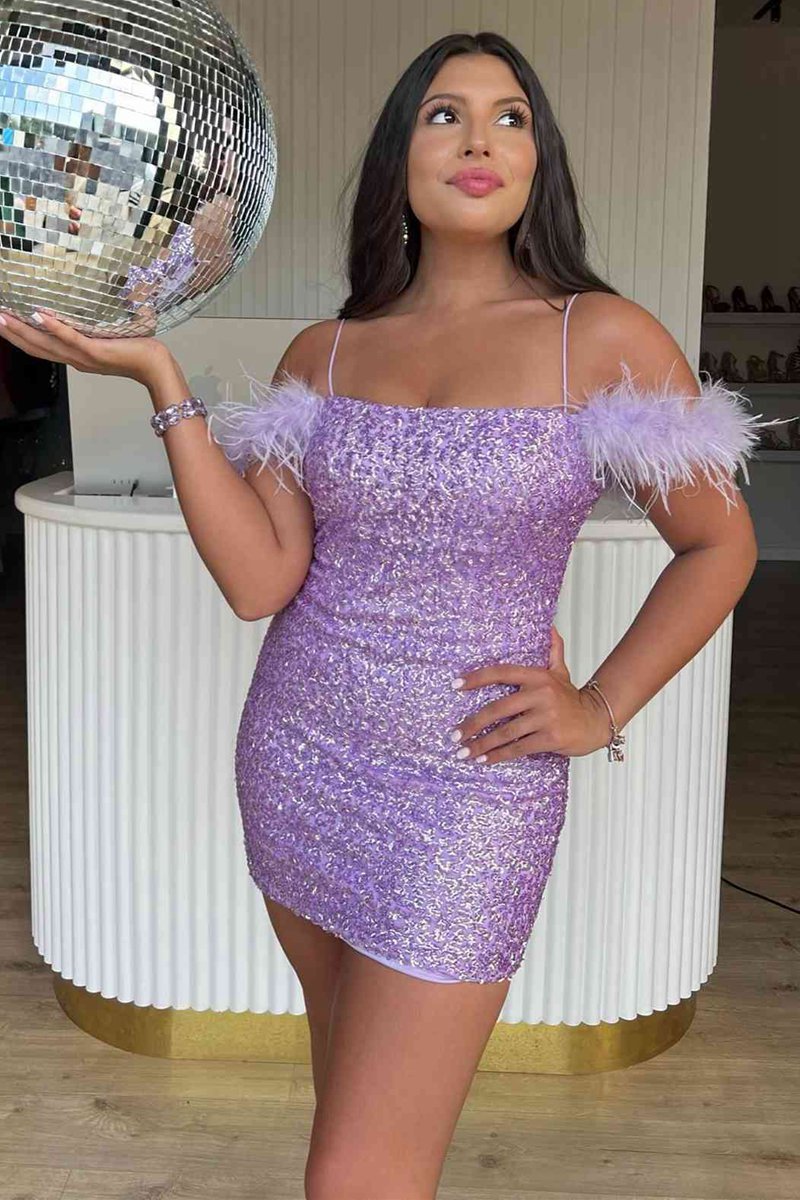 Bodycon Sequins Homecoming Dresses with Feathers