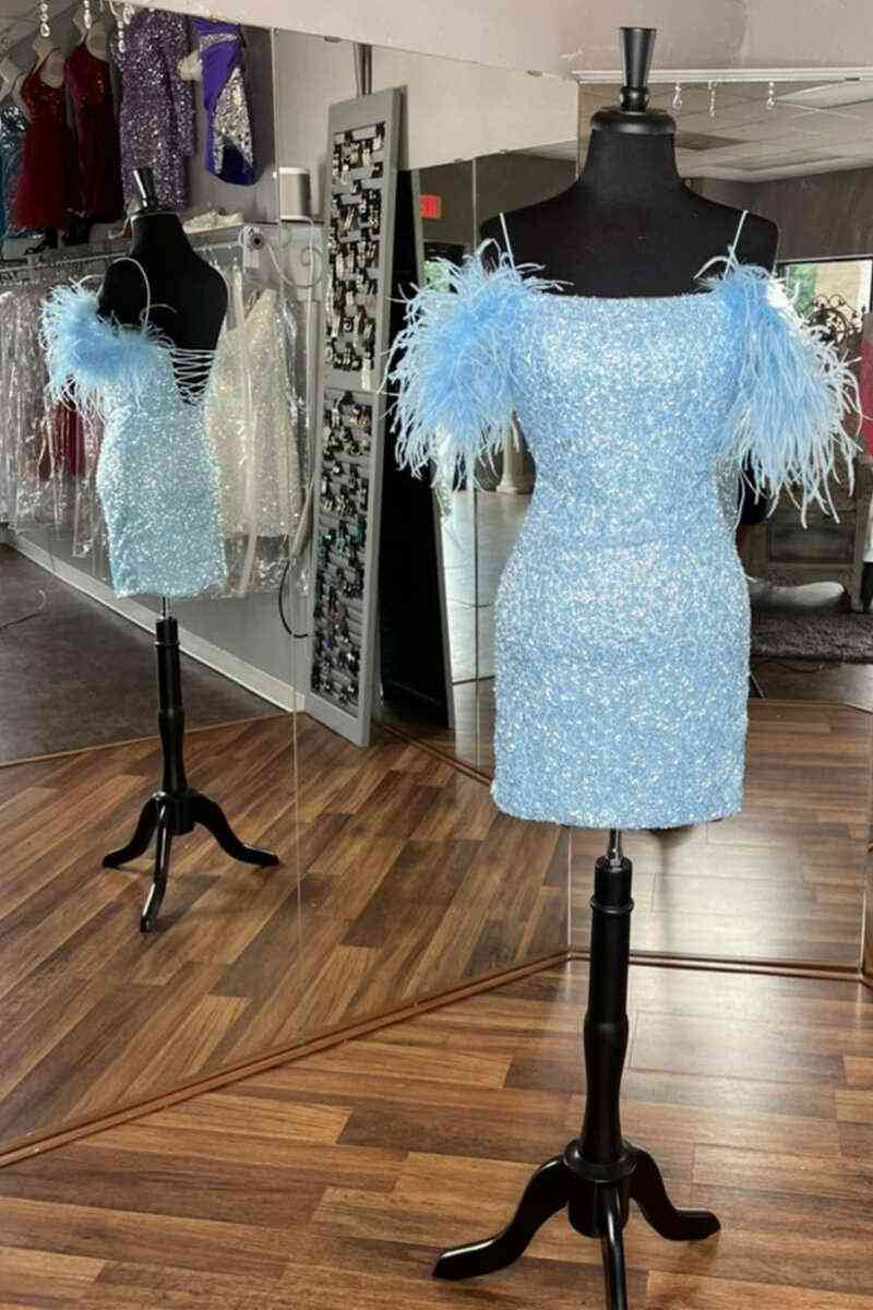 Bodycon Sequins Homecoming Dresses with Feathers