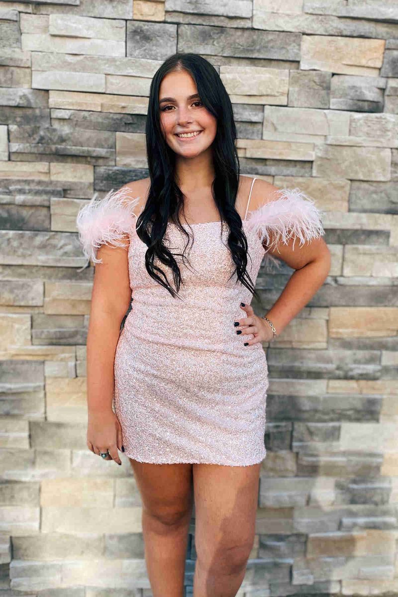 Bodycon Sequins Homecoming Dresses with Feathers
