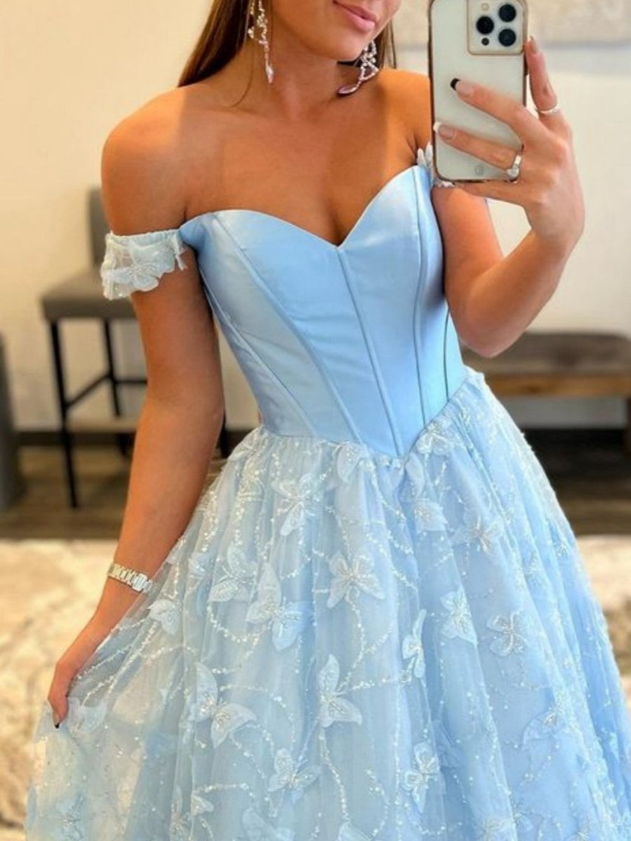 A-line Off the Shoulder Satin Lace Prom Dresses
