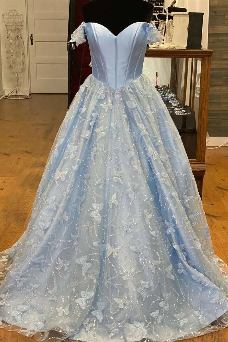 A-line Off the Shoulder Satin Lace Prom Dresses