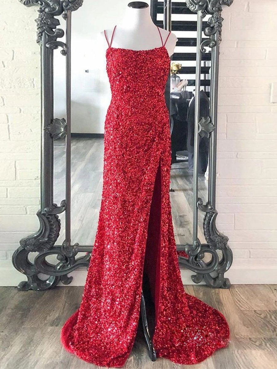 Mermaid Spaghetti Straps Long Sequins Prom Dresses