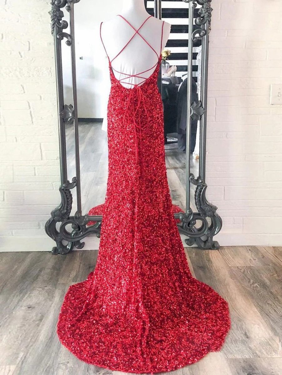 Mermaid Spaghetti Straps Long Sequins Prom Dresses