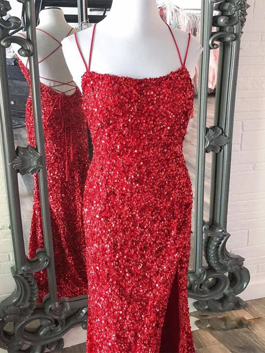Mermaid Spaghetti Straps Long Sequins Prom Dresses