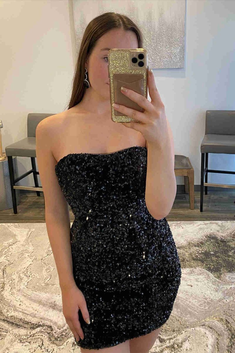 Fitted Strapless Sequined Mini Homecoming Dresses
