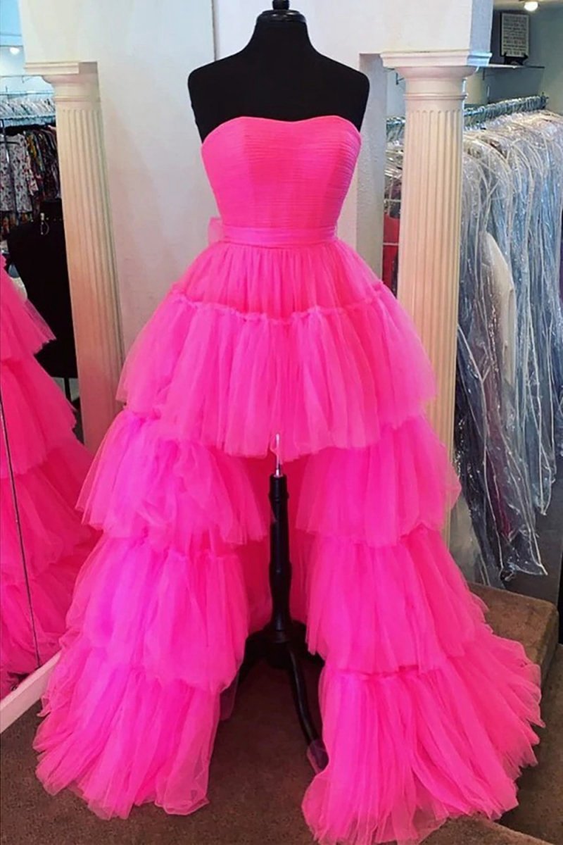 A-line High Low Strapless Tulle Prom Dresses with Ruffles