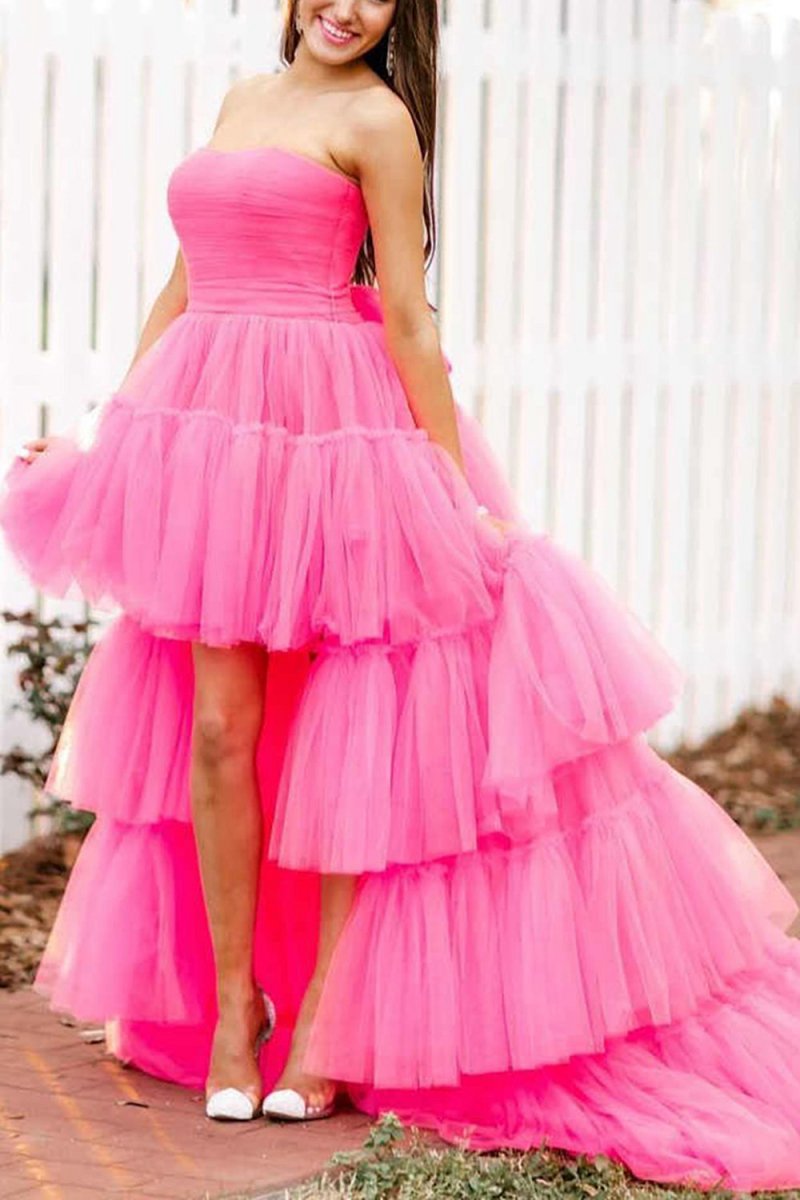 A-line High Low Strapless Tulle Prom Dresses with Ruffles