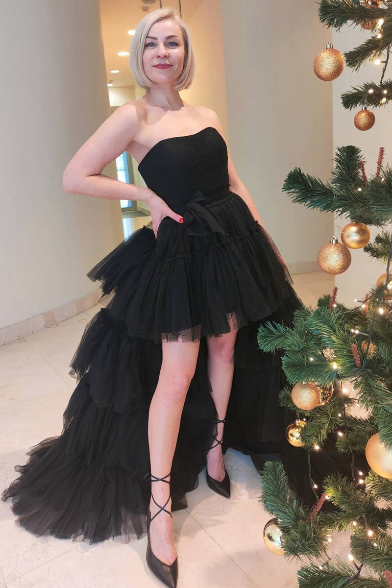 A-line High Low Strapless Tulle Prom Dresses with Ruffles