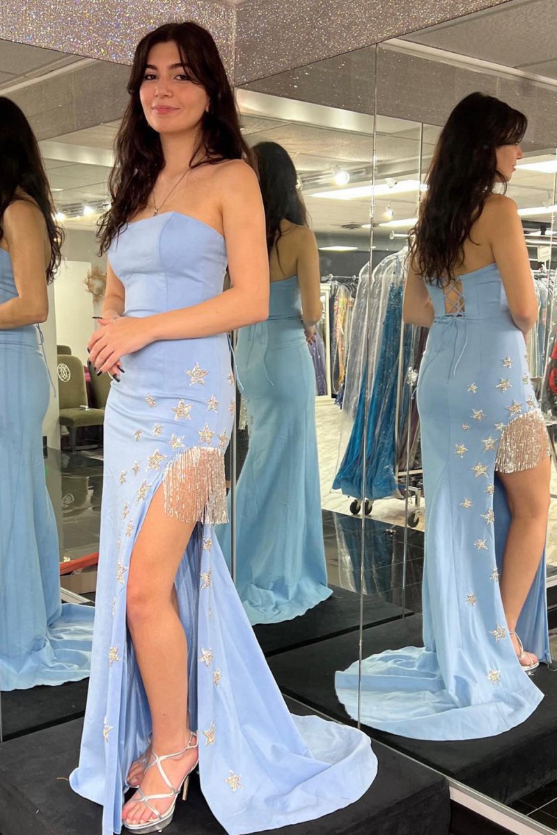 Sheath Strapless Strech Satin Prom Dresses with Stars and Fringes
