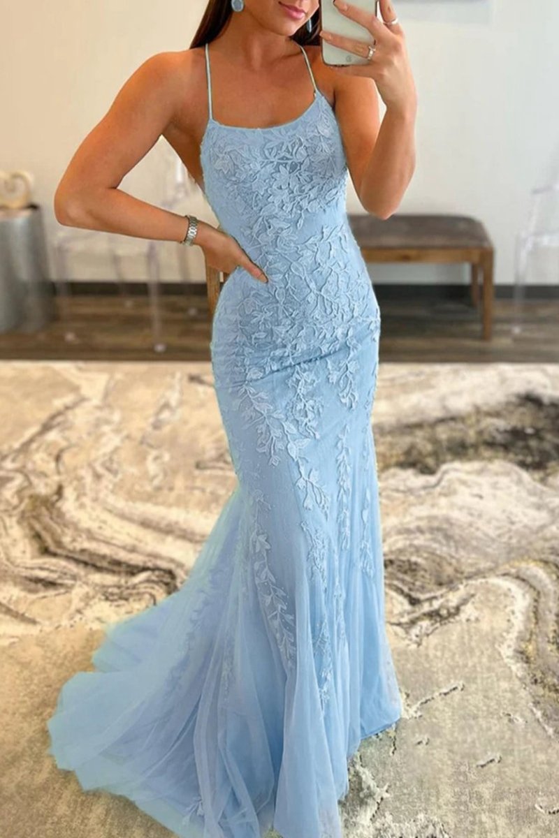 Mermaid Spaghetti Straps Lace Prom Dresses