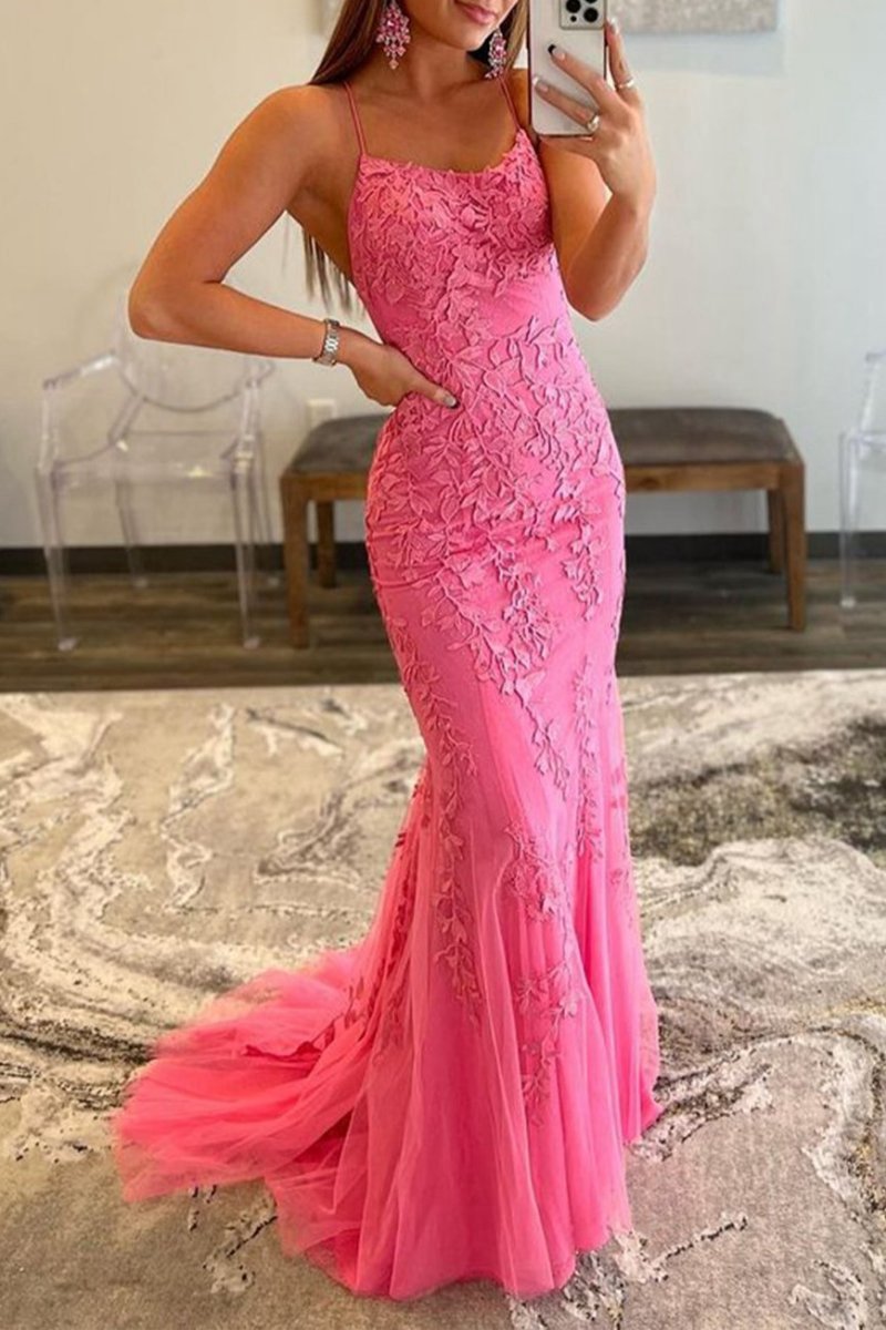 Mermaid Spaghetti Straps Lace Prom Dresses