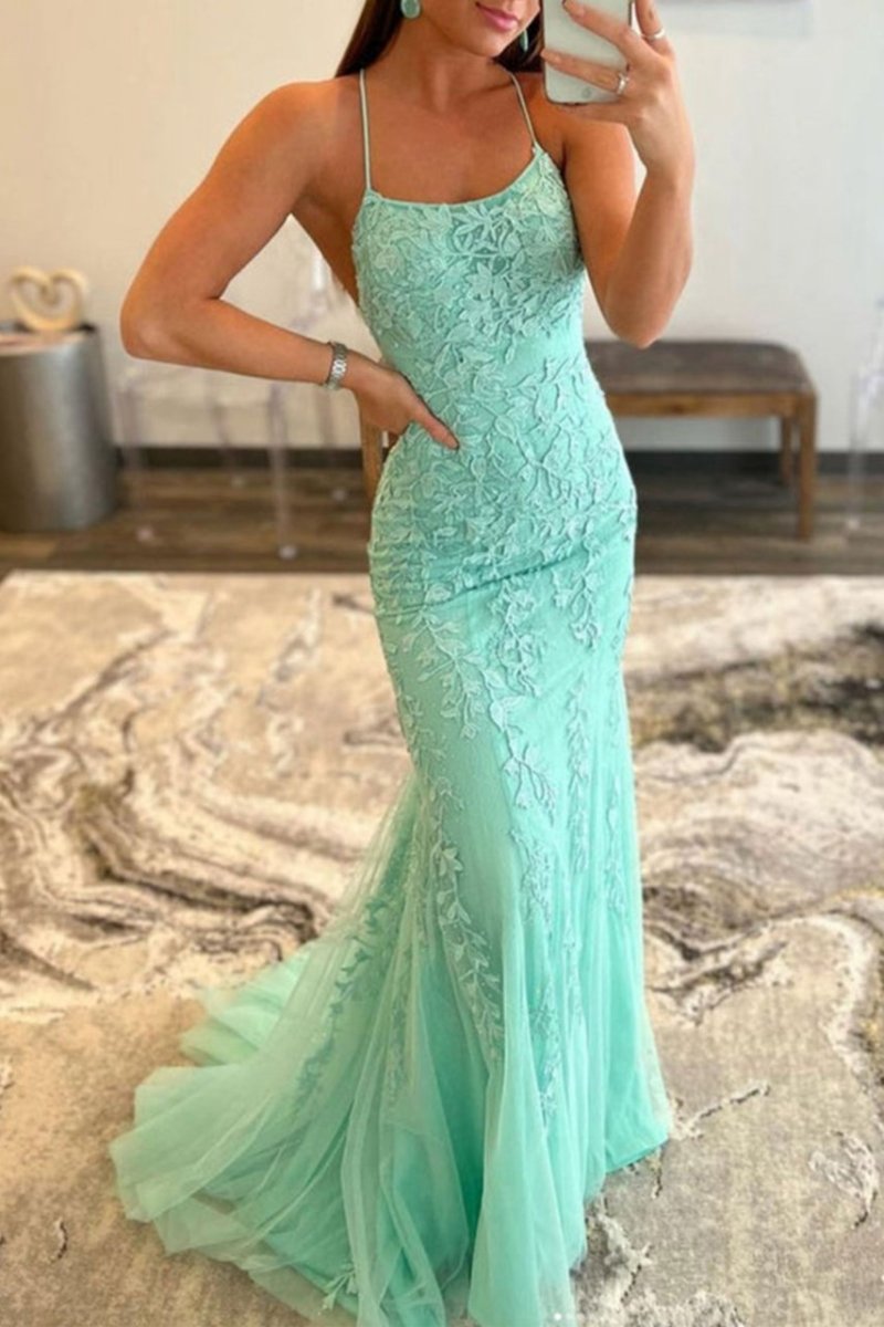 Mermaid Spaghetti Straps Lace Prom Dresses