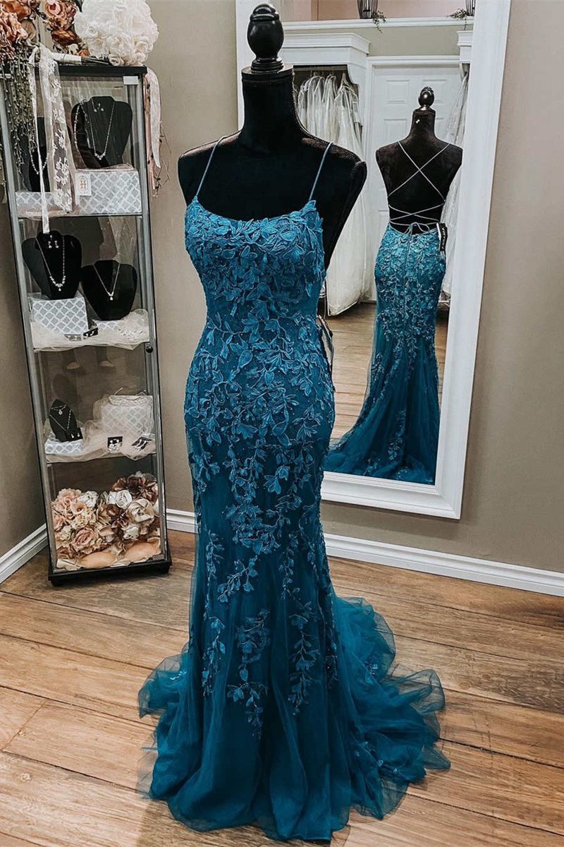 Mermaid Spaghetti Straps Lace Prom Dresses