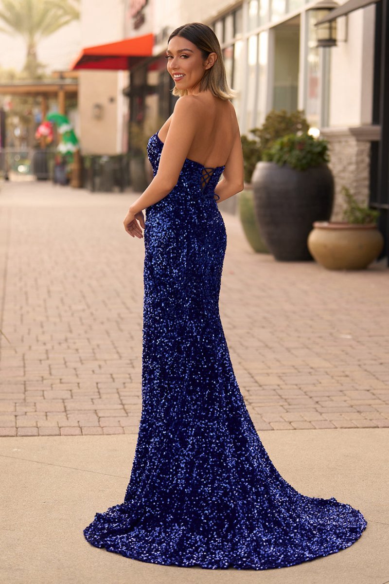 Mermaid Strapless Sequins Long Prom Dresses with Slit