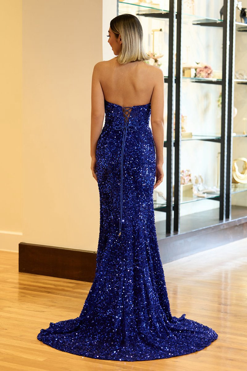 Mermaid Strapless Sequins Long Prom Dresses with Slit