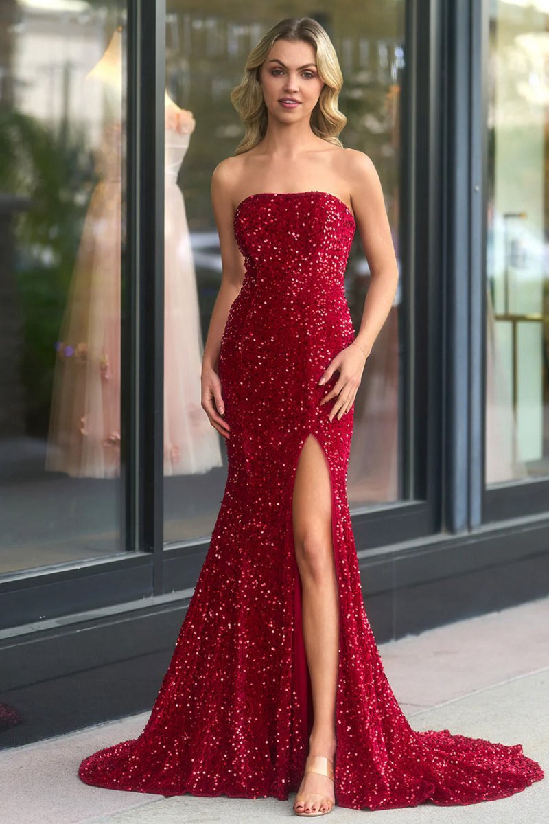 Mermaid Strapless Sequins Long Prom Dresses with Slit