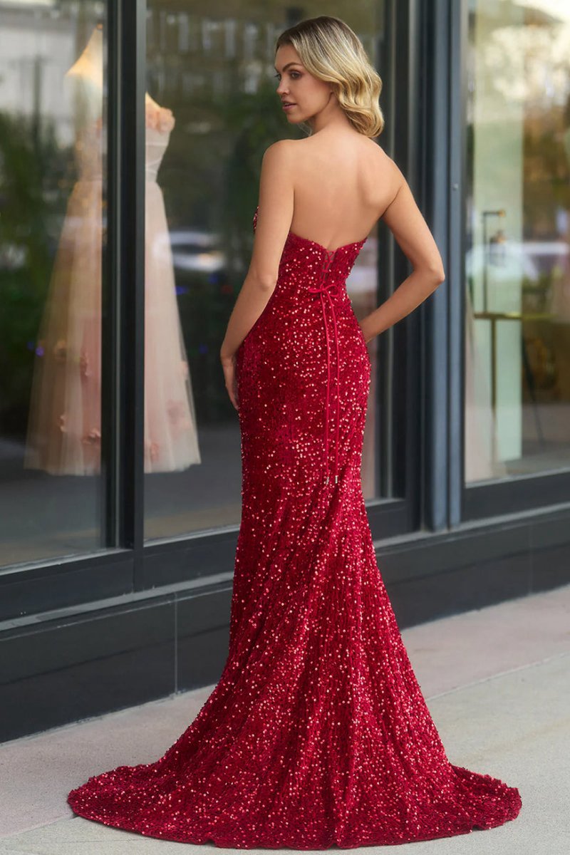 Mermaid Strapless Sequins Long Prom Dresses with Slit